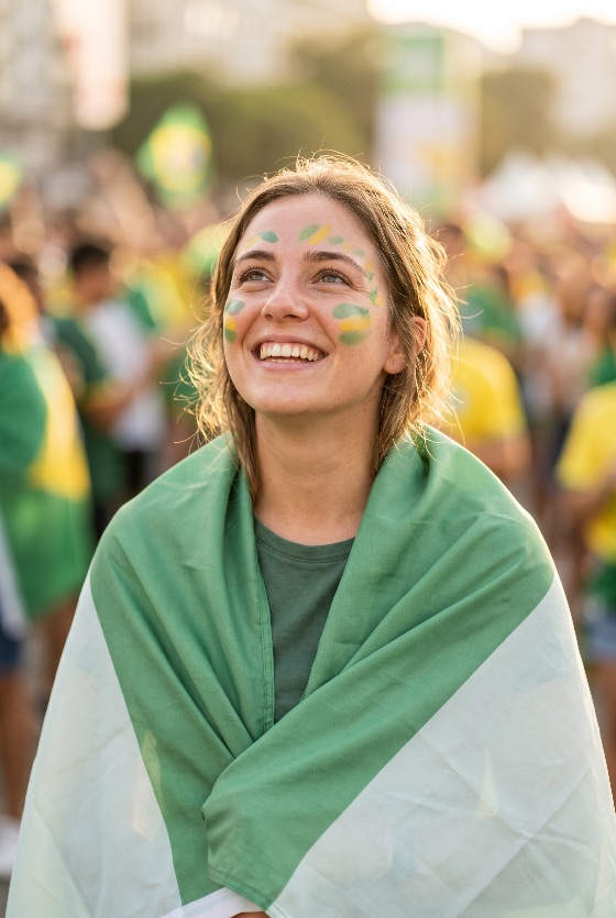 happy, young, woman, celebrating, fan, with, face, paint, and, green, flag, draped, over, her, shoulders, crowded, outdoor, sporting, event, brazil, brazilian, soccer, football, celebration, smiling, patriot, patriotism, sports, match, stadium, crowd, festival, national, yellow, white, excitement, support, supporter, cheering, sunny, portrait, youth, emotion, joy, victory, world, cup, championship, team, people, lifestyle