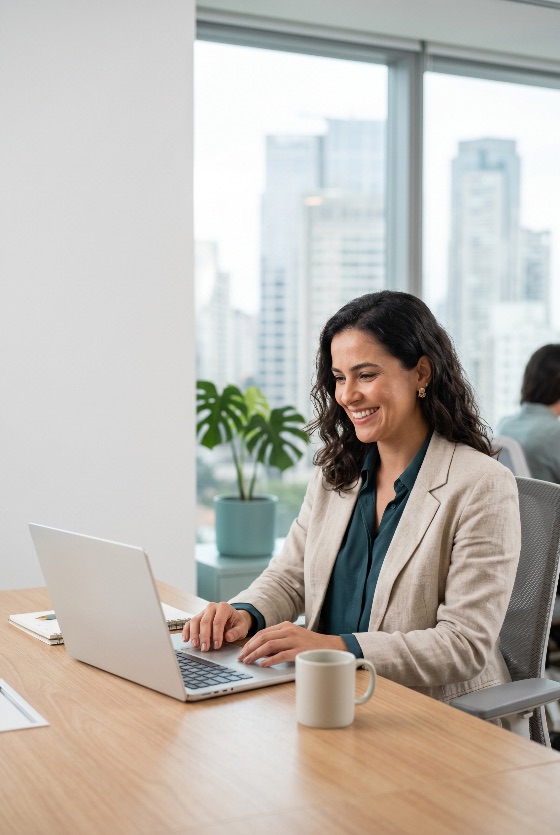 smiling, professional, businesswoman, working, laptop, modern, city, office, business, woman, corporate, skyline, desk, computer, technology, success, career, urban, window, view, coffee, mug, notebook, plant, indoor, happy, productivity, communication, internet, digital, workplace, executive, entrepreneur, adult, female, brunette, lifestyle, coworking, finance
