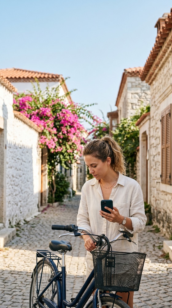 young, woman, with, bicycle, using, smartphone, cobblestone, street, mediterranean, village, phone, travel, vacation, alley, bougainvillea, flowers, summer, tourist, exploring, lifestyle, cycling, bike, old, town, architecture, stone, walls, casual, female, outdoor, sunny, holiday, navigation, map, communication, technology, europe, leisure, adventure, transportation, scenic, beautiful, person, places