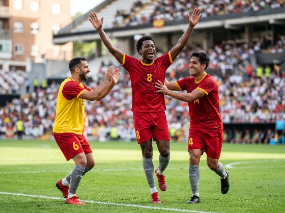 professional, soccer, players, celebrating, goal, with, joy, crowded, stadium, football, celebration, victory, team, match, sport, athlete, excitement, triumph, win, scoring, cheering, happiness, field, pitch, uniform, jersey, success, emotion, group, outdoor, crowd, fans, action, men, achievement, sportsmanship, competitive, athletic, game, winning, moment, spirit, camaraderie, sports, fitness