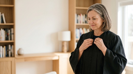 mature, professional, woman, putting, black, academic, judicial, robe, home, office, graduation, judge, professor, gown, success, achievement, library, bookshelf, education, career, smiling, accomplishment, senior, middle-aged, law, justice, legal, university, ceremony, commencement, degree, lifestyle, indoor, female, grey, hair, wisdom, experience, teacher, educator, learning, proud, attainment