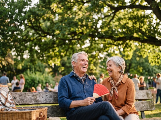 happy, senior, couple, laughing, together, while, sitting, park, bench, during, summer, outdoor, picnic, with, friends, the, background, retirement, happiness, elderly, joy, companionship, lifestyle, social, gathering, garden, party, man, woman, retired, leisure, friendship, smiling, nature, green, trees, basket, fan, red, aging, active, seniors, relationship, love, bonding, weekend, vacation, holiday, sunny, afternoon, people, group, community, togetherness, cheerful, positive, healthy, silver, hair, casual, clothing, scarf