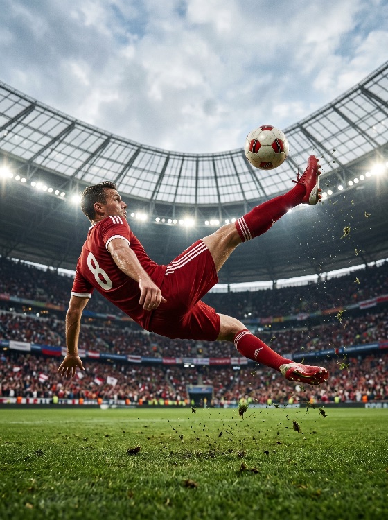professional, soccer, player, red, uniform, performing, dynamic, bicycle, kick, crowded, stadium, football, overhead, action, sport, athlete, match, game, competition, goal, ball, grass, crowd, arena, athletic, movement, energy, scoring, championship, tournament, fan, audience, lights, pitch, field, mid-air, jump, acrobatic, skill, technique, power, excitement, victory, event, outdoor, daytime, cloudy, sky, sports, fitness