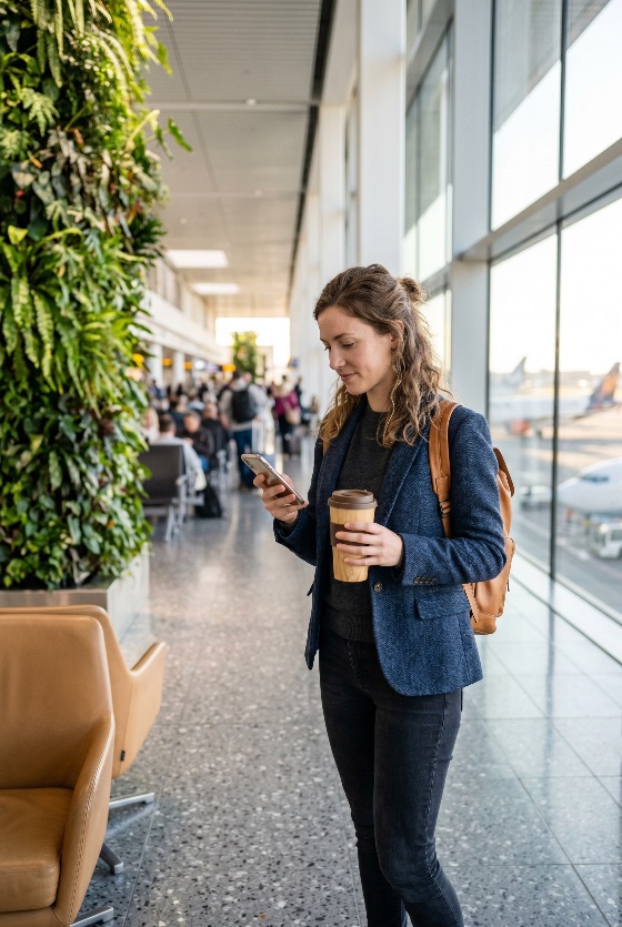 young, woman, traveler, checking, her, smartphone, and, holding, coffee, cup, while, waiting, modern, airport, terminal, travel, passenger, business, technology, communication, departure, arrival, backpack, blazer, green, wall, vertical, garden, airplane, window, transport, lifestyle, professional, casual, mobile, phone, internet, connection, tourism, lounge, commuter