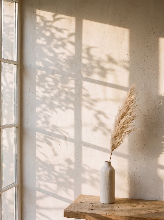 minimalist, interior, scene, with, pampas, grass, vase, and, sunlight, shadows, textured, wall, aesthetic, home, decor, rustic, wooden, table, golden, hour, serene, calm, boho, neutral, beige, cream, dried, flowers, window, light, cozy, modern, simple, elegant, still, life, morning, plant, nature, indoor, background, copy, space, wabi-sabi, zen, peaceful, soft, lighting, botanical, decoration, living, room, organic, natural, interiors