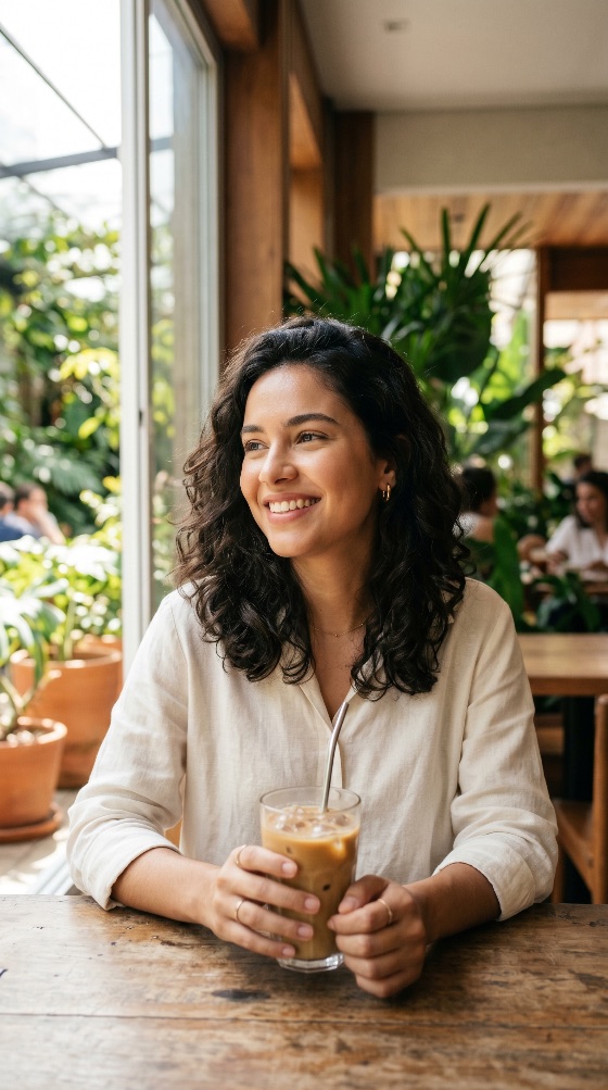 portrait, smiling, young, woman, with, dark, curly, hair, enjoying, iced, latte, sunny, cafe, lush, green, plants, the, background, coffee, lifestyle, happy, shop, drink, beautiful, summer, relaxation, beverage, wooden, table, indoor, natural, light, greenery, casual, white, shirt, linen, metal, straw, eco-friendly, morning, brunch, refreshment, joy, positive, attractive, female, person, sitting, restaurant, urban, modern, aesthetic, leisure, people
