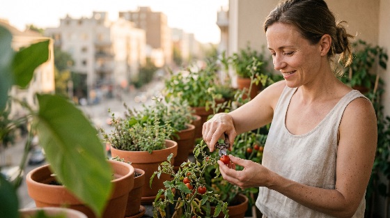 happy, woman, harvesting, fresh, cherry, tomatoes, from, her, urban, balcony, garden, sunset, gardening, city, life, sustainability, homegrown, organic, apartment, terrace, hobby, lifestyle, nature, plant, vegetable, terracotta, pot, shears, picking, healthy, summer, golden, hour, agriculture, small, space, green, living, eco-friendly, food, nutrition, smiling, leisure, outdoor, farming, container, home, landscapes
