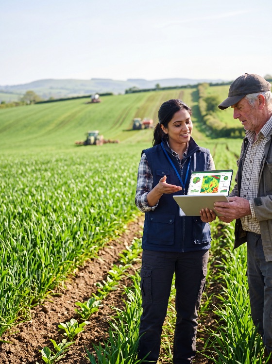agricultural, consultant, and, farmer, using, digital, tablet, for, precision, farming, lush, crop, field, with, tractors, the, background, agriculture, technology, smart, crops, agritech, data, analysis, specialist, rural, green, nature, outdoor, collaboration, senior, woman, man, indian, caucasian, tractor, soil, health, monitoring, heat, map, innovation, sustainable, environment, growth, professional, advisory, modern, agribusiness, countryside