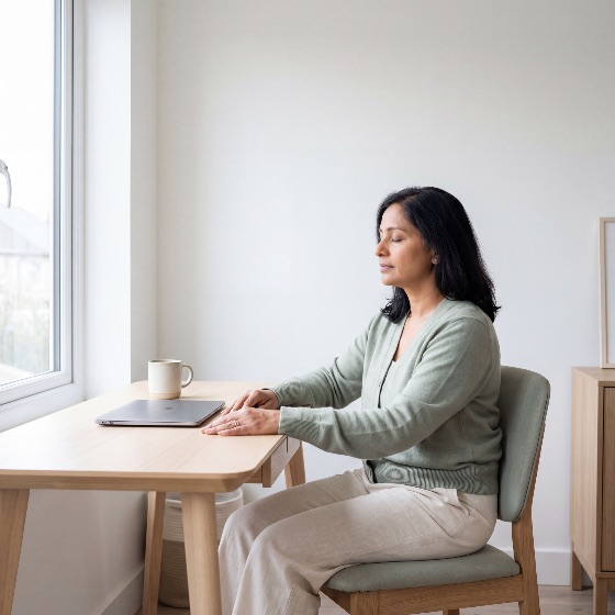 peaceful, middle-aged, indian, woman, sitting, her, wooden, desk, with, eyes, closed, practicing, mindfulness, and, meditation, during, break, from, work, bright, minimalist, home, office, setting, calm, serene, relaxation, mental, health, wellness, south, asian, professional, stress, relief, breathing, interior, laptop, coffee, mug, morning, natural, light, lifestyle, zen, quiet, focus, concentration, balance, wellbeing, harmony, solitude, resting, pause, remote, productivity, self-care, tranquility, modern, furniture, cardigan, casual, indoor, business, finance