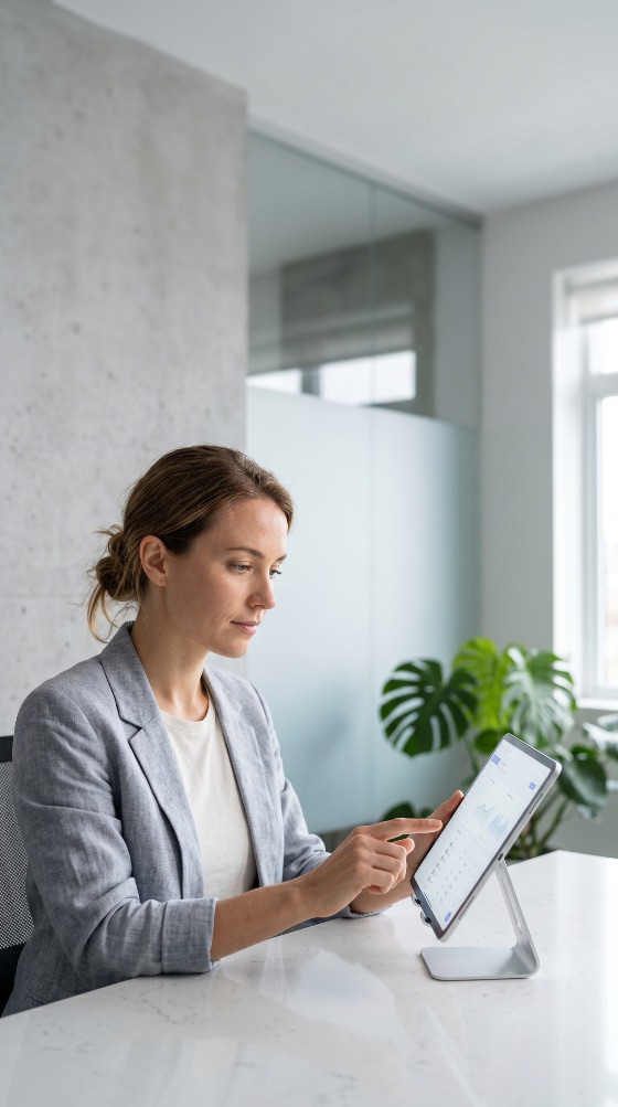 professional, businesswoman, grey, blazer, analyzing, financial, data, and, charts, tablet, bright, modern, office, working, technology, analysis, woman, desk, corporate, finance, graphs, digital, monstera, plant, interior, focused, career, success, entrepreneur, manager, executive, lifestyle, wireless, touchscreen, stand, silver, white, minimalist, workplace, business