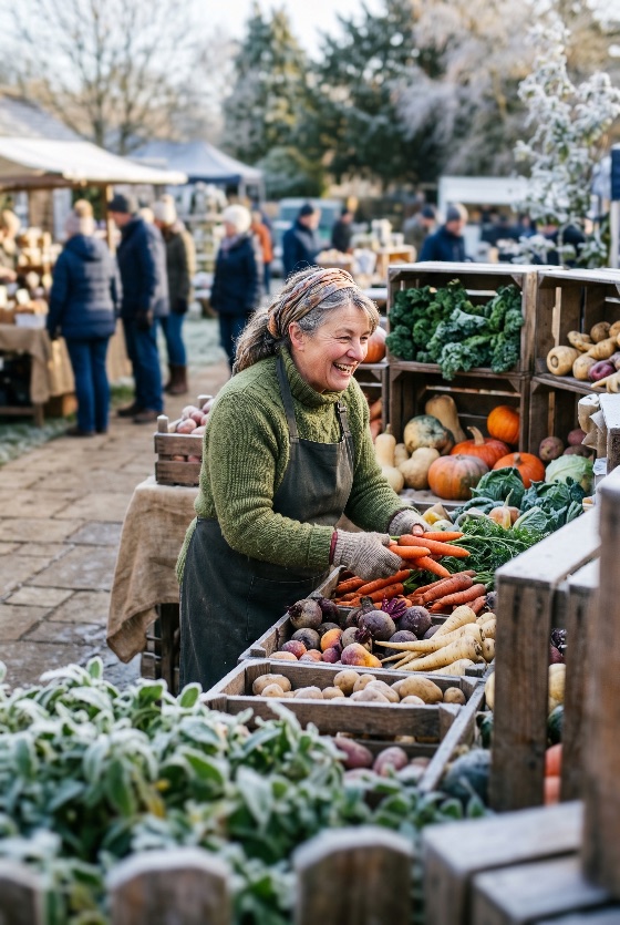cheerful, mature, woman, arranging, fresh, carrots, frosty, outdoor, farmers, market, vendor, vegetables, organic, winter, local, produce, healthy, smiling, happy, senior, harvest, seasonal, autumn, pumpkins, potatoes, beets, parsnips, rustic, wooden, crates, community, shopping, lifestyle, agriculture, food, stall, sustainability, farm, table, people