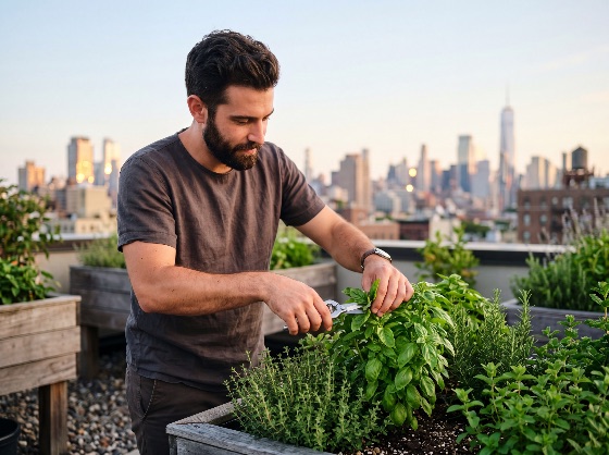young, man, harvesting, fresh, basil, rooftop, garden, with, the, new, york, city, skyline, background, urban, gardening, herbs, manhattan, sustainability, farming, pruning, lifestyle, life, outdoors, plants, green, nature, hobby, healthy, living, golden, hour, sunset, skyscrapers, wooden, planter, shears, agriculture, eco-friendly, organic, growth, apartment, male, adult, bearded, casual, summer, spring, evening, landscapes