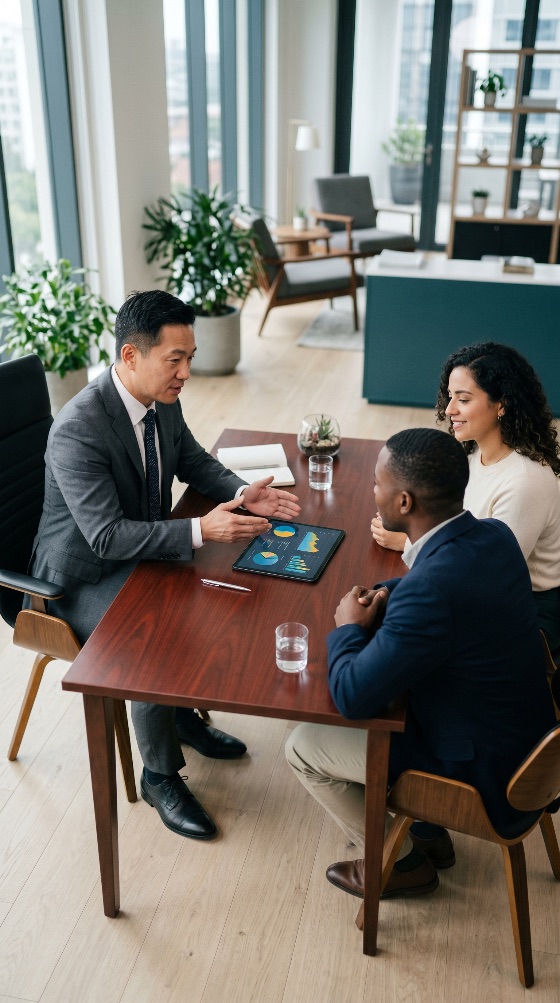 professional, asian, financial, advisor, explaining, data, charts, tablet, diverse, young, couple, modern, office, business, meeting, consultation, analysis, investment, finance, planning, wealth, management, consultant, graphs, corporate, advice, banking, insurance, mortgage, real, estate, multi-ethnic, communication, discussion, client, service, trust, strategy, technology, digital, presentation, lifestyle, people, adult, man, woman, black, hispanic, interior, bright, teamwork, collaboration