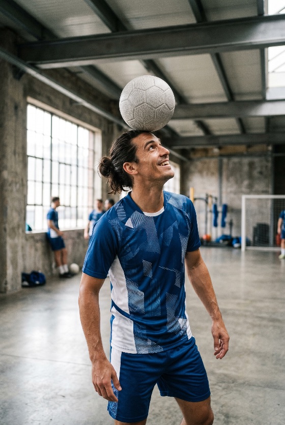 smiling, soccer, player, balancing, ball, his, head, during, training, industrial-style, indoor, sports, hall, football, athlete, gym, man, jersey, uniform, exercise, skill, control, practice, industrial, warehouse, lifestyle, fitness, hobby, team, male, active, workout, professional, athletic, leisure, people, person, coordination, talent, trick, freestyle, healthy, competition