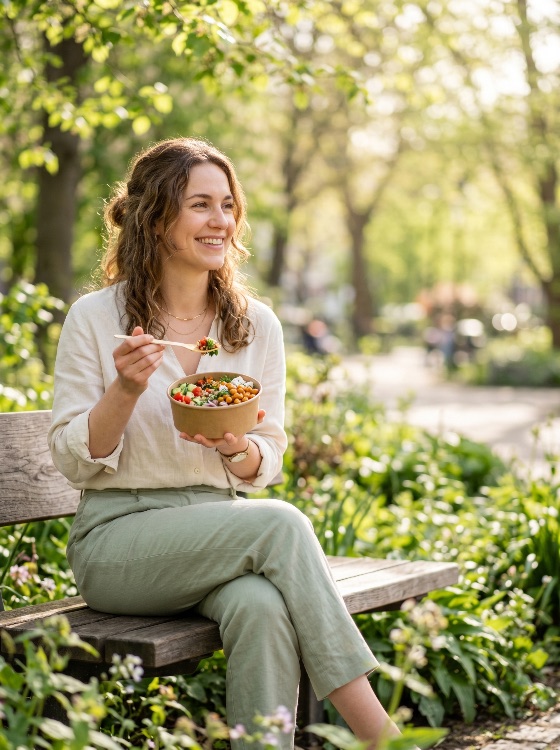 smiling, young, woman, enjoying, healthy, salad, bowl, while, sitting, park, bench, sunny, green, eating, lifestyle, outdoor, lunch, nutrition, wellness, nature, summer, spring, vegetable, vegetarian, vegan, fresh, meal, sustainable, eco-friendly, happiness, relaxation, casual, portrait, sunlight, leisure, person, adult, beautiful, organic, food, takeaway, picnic, garden, city, linen, clothing, photography, people