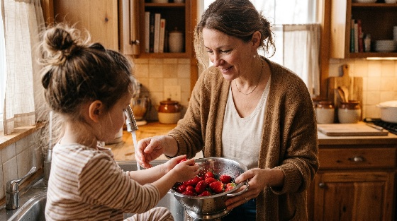 mother, and, young, daughter, washing, fresh, strawberries, together, rustic, kitchen, sink, fruit, healthy, family, child, girl, woman, home, domestic, cooking, bonding, lifestyle, cozy, food, preparation, colander, water, organic, parenting, childhood, happiness, smiling, berries, red, wooden, interior, authentic, help, teaching, learning, nutrition, wholesome, people