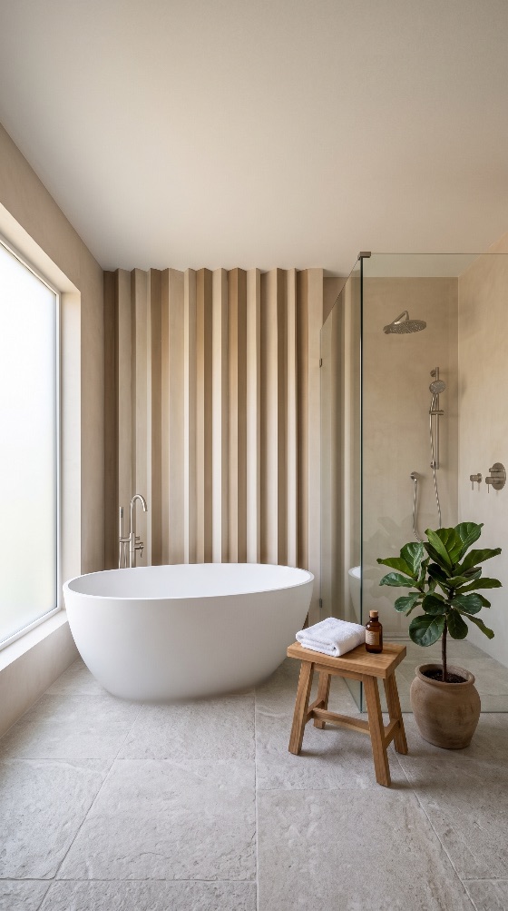 modern, minimalist, bathroom, interior, featuring, freestanding, whi, serene, contemporary, with, large, white, oval, bathtub, and, sleek, glass, shower, the, space, features, textured, fluted, wall, panels, stone, tile, flooring, wooden, stool, towels, potted, fiddle, leaf, fig, adds, touch, greenery, neutral, bright, luxury, spa, design, home, architecture, room, clean, lifestyle, relaxation, house, floor, decor, wood, plant, beige, elegant, light, apartment, real, estate, wellness, hygiene, faucet, towel, indoor, residential, comfortable, style, texture, ribbed, pottery, peaceful, high-end, zen, interiors