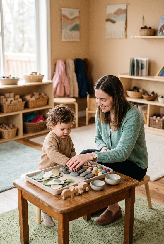 young, female, teacher, and, toddler, boy, engage, sensory, play, with, learning, small, table, they, explore, natural, materials, like, stones, felt, shapes, tidy, montessori, classroom, wooden, shelves, baskets, the, scene, emphasizes, early, childhood, development, hands-on, education, child, school, toys, student, woman, mother, son, kindergarten, preschool, activity, home, interior, playroom, educational, pedagogy, creative, focus, interaction, nurturing, lifestyle, modern, minimalist, neutral, wood, basket, shelf, teaching, through, fine, motor, skills, curiosity, exploration, daycare, nursery, waldorf