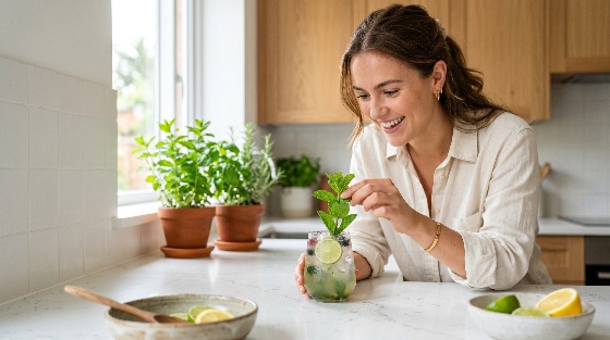 smiling, young, woman, garnishing, refreshing, summer, cocktail, with, fresh, mint, leaves, bright, modern, kitchen, garnish, drink, happy, lifestyle, home, mixology, beverage, healthy, lime, mojito, herb, gardening, indoor, daylight, cheerful, adult, female, preparing, making, glass, ice, berries, wooden, cabinets, marble, counter, leisure, relaxation, hobby, wellness, natural, organic, ingredients, citrus, lemon, rosemary, potted, plants, airy, interior, domestic, life, people