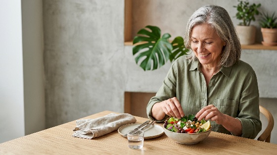 smiling, middle-aged, woman, with, grey, hair, garnishing, fresh, vegetable, salad, bowl, wooden, table, bright, modern, home, senior, healthy, lifestyle, wellness, nutrition, food, eating, organic, vegetarian, vegan, mature, happiness, health, diet, meal, preparation, lunch, minimalist, monstera, plant, green, wellbeing, longevity, mediterranean, cooking, indoor, portrait, casual, drink