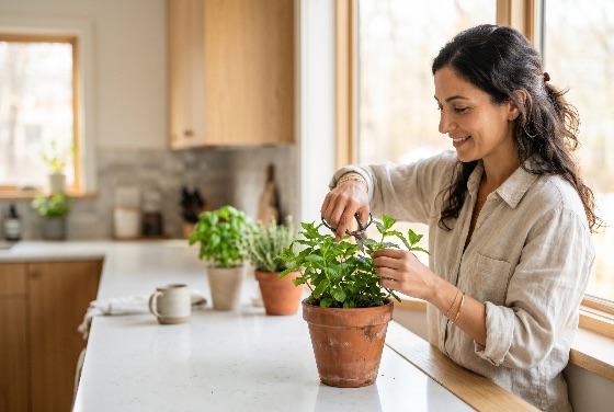 smiling, woman, harvesting, fresh, mint, from, potted, plant, bright, modern, kitchen, herbs, gardening, indoor, green, terracotta, pot, scissors, trimming, healthy, lifestyle, cooking, home, natural, light, happy, sustainable, organic, culinary, basil, rosemary, domestic, hobby, wellness, interior, apartment, urban, foliage, leaf, nature, person, adult, female, casual, linen, shirt, morning, ingredients, food, preparation, people