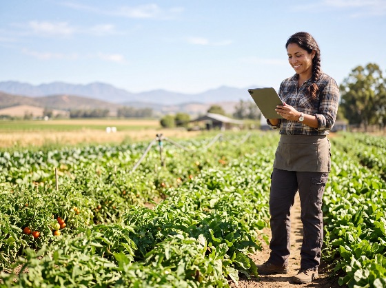 smiling, female, farmer, using, digital, tablet, lush, vegetable, field, agriculture, woman, technology, farming, smart, agritech, organic, rural, nature, sustainability, worker, plantation, crop, harvest, outdoor, summer, sunny, business, professional, agronomist, plant, green, food, production, industry, lifestyle, happy, hispanic, mountain, landscape, data, management, monitoring, growth, soil, farm, countryside, modern, innovation, landscapes
