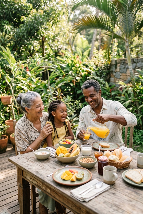 happy, african, american, grandparents, and, granddaughter, enjoying, healthy, breakfast, tropical, garden, family, laughing, outdoor, food, orange, juice, fruit, mango, papaya, morning, meal, together, black, multi-generational, lifestyle, summer, sunshine, patio, eating, drinking, joy, retirement, childhood, bonding, senior, child, girl, man, woman, nature, plants, bread, cereal, milk, wellness, nutrition, home, togetherness, people