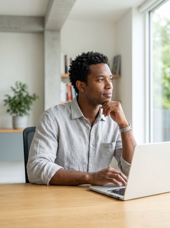 thoughtful, african, american, professional, sitting, desk, with, laptop, looking, out, window, bright, modern, home, office, man, thinking, pensive, business, work, contemplation, freelancer, entrepreneur, technology, remote, male, adult, lifestyle, workspace, interior, casual, focused, inspiration, creativity, planning, vision, success, smartwatch, minimalist, daylight, away, portrait, serious, career, digital, nomad, finance