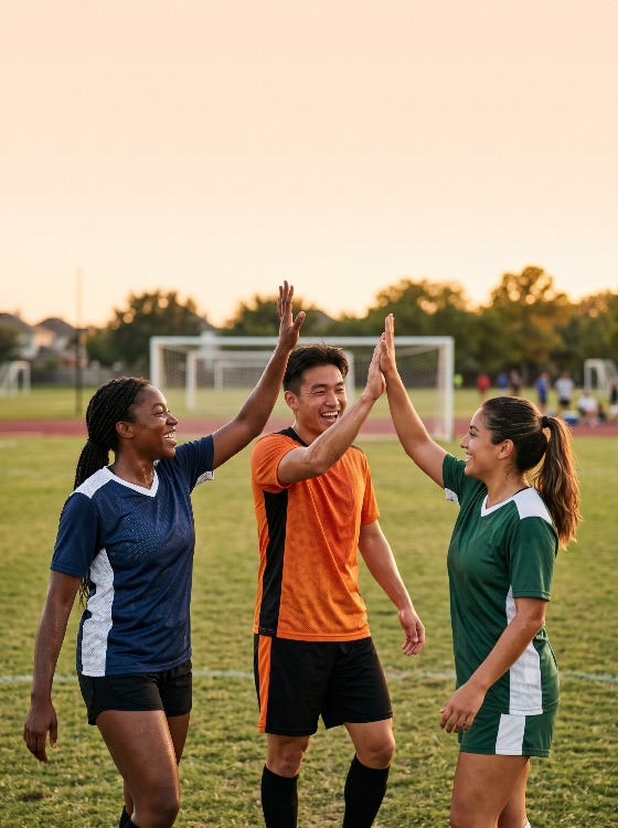 happy, multi-ethnic, group, soccer, players, giving, high, fives, and, celebrating, victory, the, field, sunset, football, five, celebration, team, diverse, multicultural, athletes, success, teamwork, happiness, smiling, golden, hour, outdoor, sport, fitness, active, lifestyle, cooperation, friendship, young, adults, man, woman, uniform, jersey, pitch, goal, exercise, healthy, competition, winning, ethnic, diversity, inclusion, togetherness, summer, evening, grass, athletic, training, people
