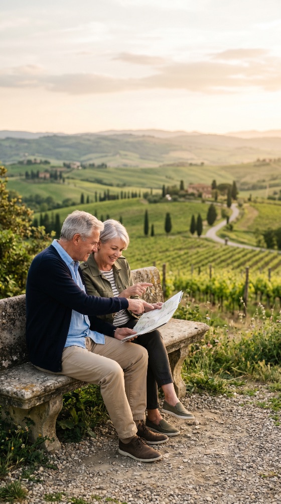 happy, senior, couple, looking, map, the, tuscan, countryside, sunset, retirement, travel, tuscany, italy, planning, vacation, elderly, smiling, vineyard, landscape, golden, hour, romance, adventure, outdoors, nature, stone, bench, tourism, lifestyle, active, seniors, rolling, hills, europe, mediterranean, together, partnership, exploration, holiday, scenic, view, leisure, relaxation, discovery, navigation, tourist, destination, rural, peaceful, people