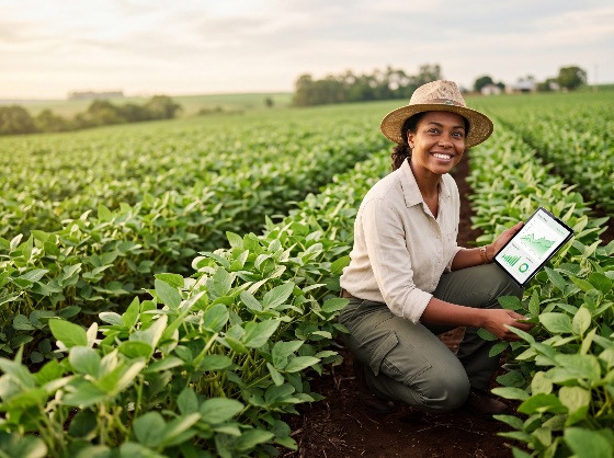 smiling, black, female, farmer, using, digital, tablet, for, data, analysis, while, squatting, lush, green, soybean, field, during, sunny, day, agriculture, woman, technology, smart, farming, african, american, rural, plantation, sustainability, growth, crops, nature, outdoor, professional, agronomist, research, innovation, plants, harvest, agribusiness, farm, lifestyle, worker, industry, modern, agritech, environment, summer, daylight, hat, clothing, cargo, pants, monitoring, productivity, success, entrepreneur, land, soil