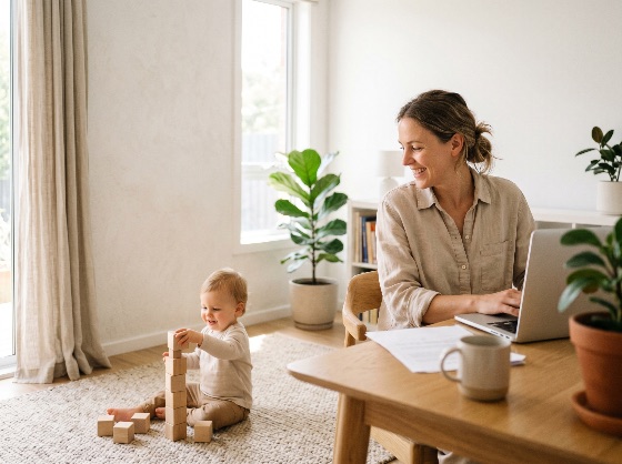 smiling, mother, working, laptop, while, toddler, son, plays, with, wooden, blocks, bright, home, office, work, from, parenting, child, remote, playing, family, lifestyle, woman, multitasking, work-life, balance, productivity, interior, modern, minimalist, happy, childhood, education, development, toys, desk, computer, technology, freelance, professional, domestic, motherhood, together, love, care, morning, light, plants, rug, apartment, house, casual, business, people