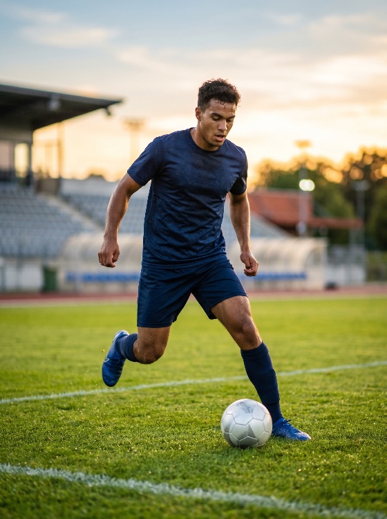 professional, male, soccer, player, blue, uniform, dribbling, ball, green, field, during, sunset, stadium, football, athlete, sport, action, training, man, pitch, grass, golden, hour, exercise, fitness, motion, competition, outdoor, active, healthy, skill, performance, athletic, sports