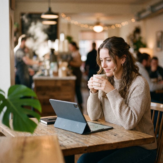 young, woman, working, tablet, while, drinking, coffee, cozy, cafe, remote, work, freelancer, digital, nomad, technology, lifestyle, morning, breakfast, internet, online, communication, professional, casual, sweater, mug, drink, beverage, wooden, table, indoor, people, one, person, focus, productivity, business, education, learning, student, modern, interior, blurred, background, monstera, plant, notebook, pen, creative, finance