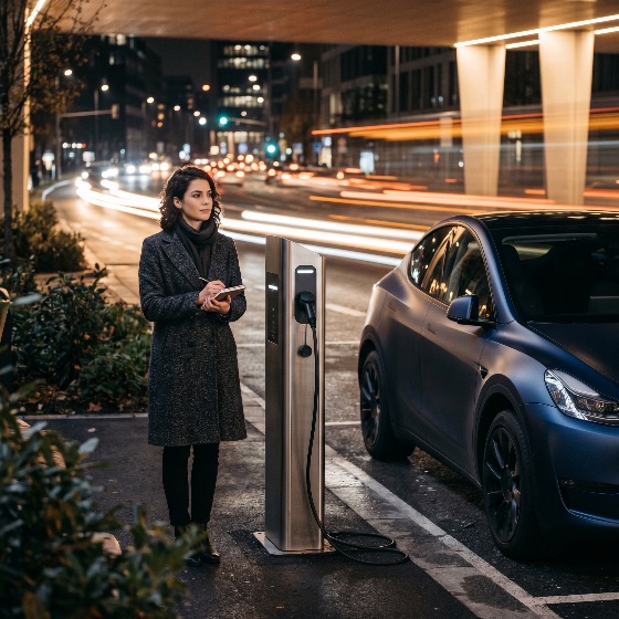 woman, waiting, for, her, electric, car, charge, city, station, night, charging, urban, sustainable, green, energy, transportation, technology, future, lifestyle, notebook, professional, traffic, light, trails, automobile, vehicle, battery, eco-friendly, modern, evening, street, parking, mobility, environment, clean, business, commute, life, automotive, power, infrastructure, public, blue, coat, winter, autumn, dusk, vehicles