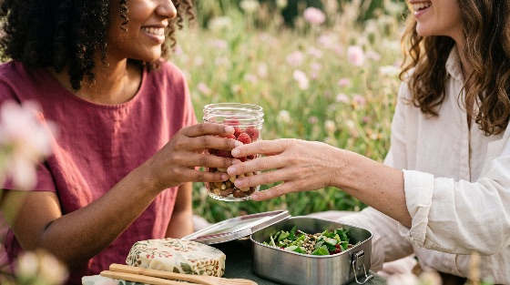 two, diverse, women, sharing, healthy, snack, berries, and, nuts, during, sustainable, picnic, beautiful, flower, field, friends, meadow, flowers, outdoor, summer, lifestyle, eco-friendly, zero, waste, diversity, lunch, nature, happiness, friendship, organic, fresh, vegan, vegetarian, glass, jar, stainless, steel, beeswax, wrap, wooden, cutlery, sunshine, golden, hour, wellness, nutrition, together, multi-ethnic, spring, garden, leisure, relaxation, eating, food, sustainability, landscapes