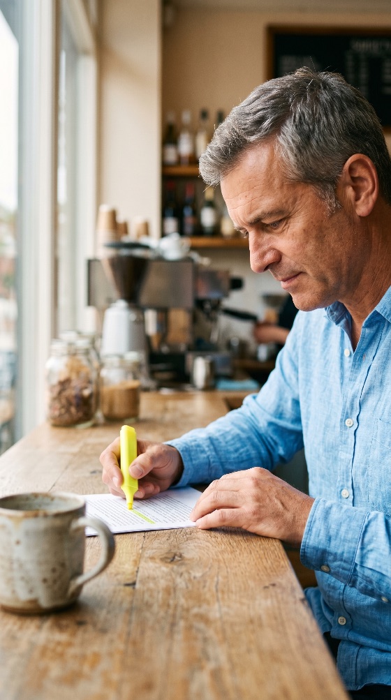 mature, businessman, highlighting, important, text, document, while, working, cafe, man, highlighter, coffee, middle-aged, professional, reading, study, focus, concentration, remote, work, freelancer, lifestyle, office, business, paper, education, learning, morning, breakfast, casual, shirt, grey, hair, male, adult, person, table, counter, indoor, daylight, bright, blurred, background, finance