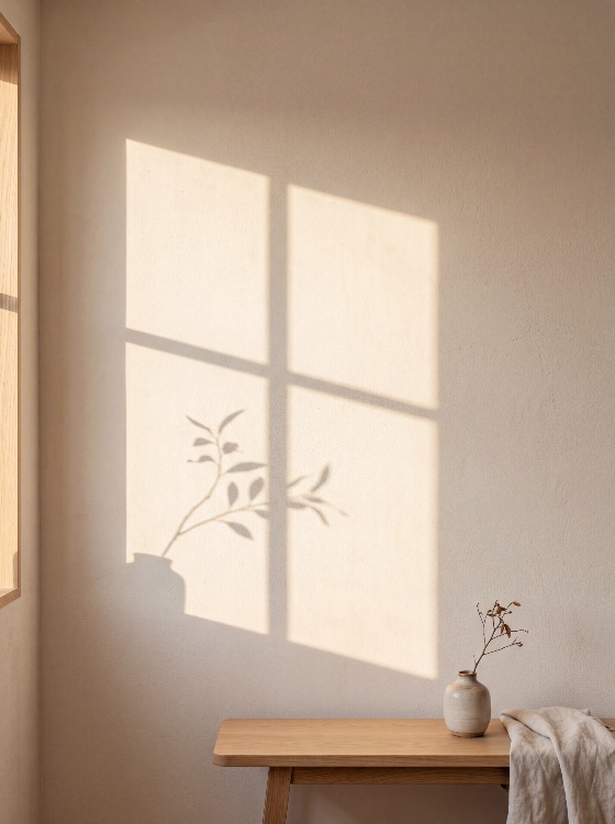 minimalist, interior, scene, with, soft, window, light, and, plant, shadows, beige, wall, above, wooden, bench, ceramic, vase, shadow, silhouette, serene, home, decor, aesthetic, neutral, tones, wabi-sabi, calm, peaceful, sunlight, morning, dried, branch, linen, texture, simple, elegant, living, room, background, copy, space, warmth, design, still, life, zen, interiors