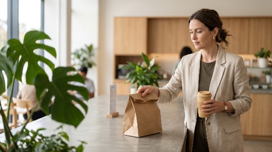 professional, woman, picking, takeout, food, and, coffee, modern, cafe, lunch, business, paper, bag, reusable, cup, lifestyle, interior, counter, order, meal, break, blazer, office, restaurant, service, carry, out, grab, eco-friendly, sustainable, monstera, plant, bright, daylight, adult, female, caucasian, one, person, standing, holding, work, employee, corporate, urban, city, morning, breakfast, healthy, casual, drink