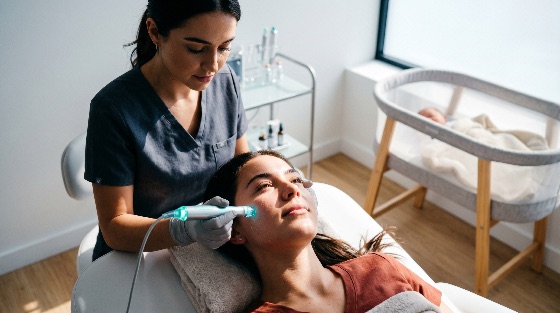 professional, aesthetician, performing, facial, treatment, young, mother, with, her, baby, sleeping, nearby, skincare, beauty, wellness, postpartum, clinic, spa, hydrafacial, microdermabrasion, dermatology, rejuvenation, skin, care, health, medical, procedure, woman, female, lifestyle, motherhood, self-care, pampering, cosmetic, aesthetic, therapy, glowing, relaxation, modern, bright, bassinet, salon, service, healthcare, hygiene, gloves, device, massage, anti-aging, moisturizing, hydration