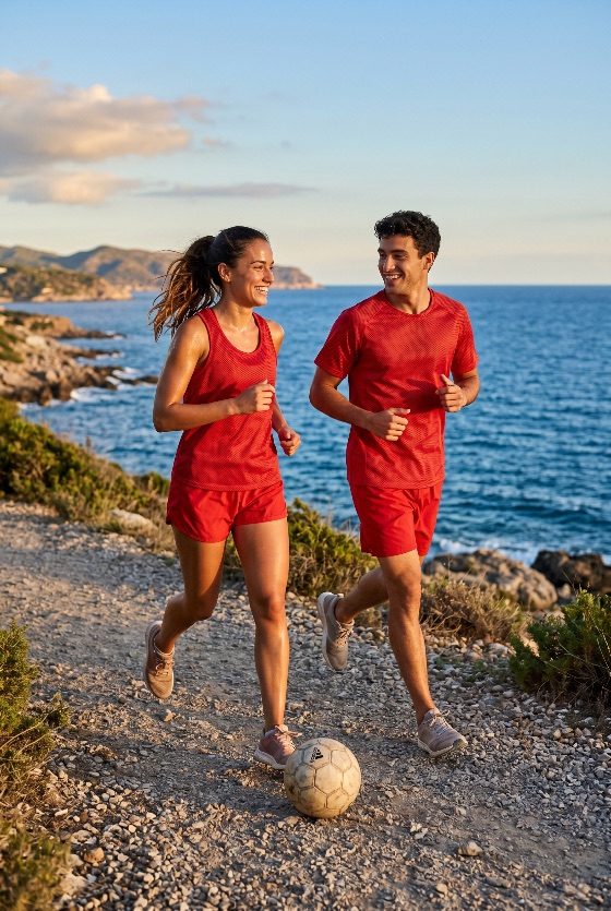 happy, young, couple, red, sportswear, jogging, together, scenic, coastal, trail, the, ocean, during, sunset, running, fitness, healthy, lifestyle, exercise, man, woman, coast, path, active, soccer, ball, football, nature, outdoors, happiness, smiling, training, workout, sea, summer, golden, hour, athlete, cardio, leisure, travel, cliffs, people