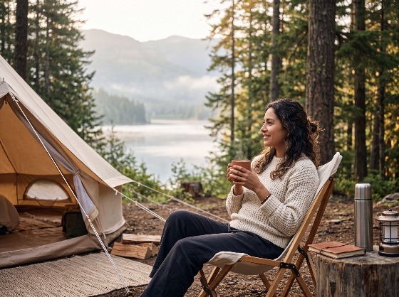 young, woman, enjoying, warm, hot, drink, while, glamping, scenic, smiling, relaxes, outside, canvas, bell, tent, holding, steaming, mug, tea, coffee, campsite, the, woods, surrounded, pine, trees, mountains, and, peaceful, lake, she, enjoys, quiet, morning, air, sitting, comfortable, camping, chair, forest, outdoor, nature, relaxation, travel, adventure, leisure, mountain, tree, lifestyle, vacation, cozy, drinking, steam, wilderness, landscape, serenity, outdoors, adult, female, person, happiness, freedom, escape, eco-tourism, thermos, sweater, autumn, calm, recreation, getaway, landscapes