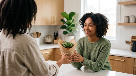 happy, black, woman, receiving, potted, succulent, plant, gift, from, her, friend, modern, kitchen, african, american, friendship, housewarming, smiling, home, interior, giving, lifestyle, together, indoor, present, surprise, celebration, kindness, relationship, domestic, apartment, decor, greenery, sustainability, eco-friendly, nature, womanhood, female, diversity, inclusion, beautiful, cheerful, positive, morning, light, bright, wooden, cabinets, countertop, casual, everyday, life, people