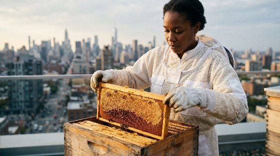 african, american, female, beekeeper, inspecting, honeycomb, frame, rooftop, with, new, york, city, skyline, background, beekeeping, urban, beehive, sustainability, woman, honey, bees, farming, environment, nature, agriculture, protective, suit, skyscrapers, eco-friendly, conservation, biodiversity, local, food, professional, hobby, outdoors, daylight, landscape, working, apiary, apiculture, pollination, environmentalism, metropolis, architecture, buildings