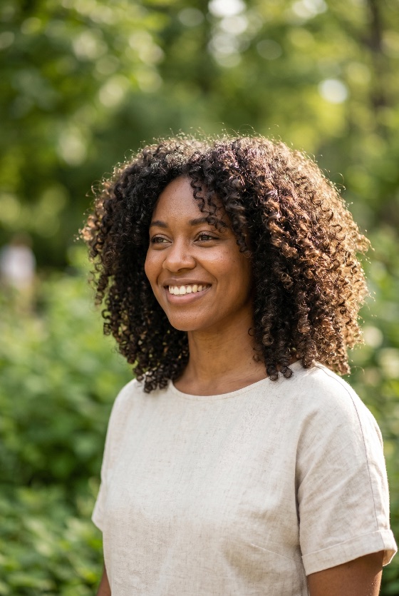 portrait, beautiful, young, black, woman, with, natural, curly, hair, smiling, sunlit, park, african, american, smile, happy, outdoors, garden, lifestyle, beauty, adult, female, ethnic, diversity, sunshine, summer, spring, nature, green, bokeh, cheerful, radiant, coily, afro, linen, casual, looking, away, positive, joy, wellness, skin, care, confidence, serene, people