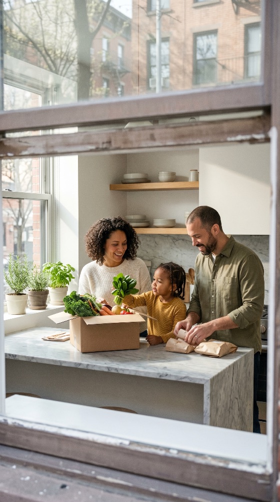 happy, diverse, family, unpacking, fresh, organic, vegetable, delivery, box, their, bright, modern, kitchen, vegetables, healthy, food, home, lifestyle, daughter, parents, mother, father, grocery, cooking, together, sustainability, nutrition, wellness, domestic, indoor, marble, plants, herbs, child, childhood, bonding, meal, prep, sustainable, living, farm, table, shopping, produce, greens, kale, carrots, bok, choy, paper, bags, eco-friendly, natural, light, through, window, urban, drink