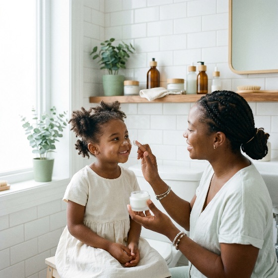 african, american, mother, applying, moisturizing, cream, her, daughter, face, bright, bathroom, skincare, moisturizer, family, black, bonding, love, care, childhood, parenting, beauty, wellness, routine, home, lifestyle, child, woman, girl, happy, smiling, healthy, skin, application, nurturing, domestic, clean, modern, interior, togetherness, ethnic, diversity, cosmetics, lotion, facial, hygiene, morning, self-care, tender, affection, parent, motherhood, people