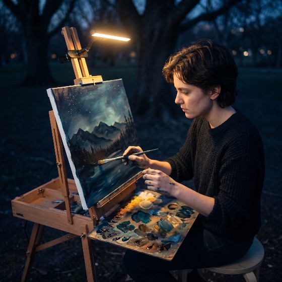 young, female, artist, painting, mountain, landscape, canvas, outdoors, night, under, small, lamp, woman, easel, art, creative, palette, brush, light, park, forest, dusk, twilight, oil, acrylic, concentration, focus, inspiration, nocturnal, painter, nature, evening, illumination, hobby, talent, craft, skill, leisure, dark, starry, sky, process, artistic, arts, culture