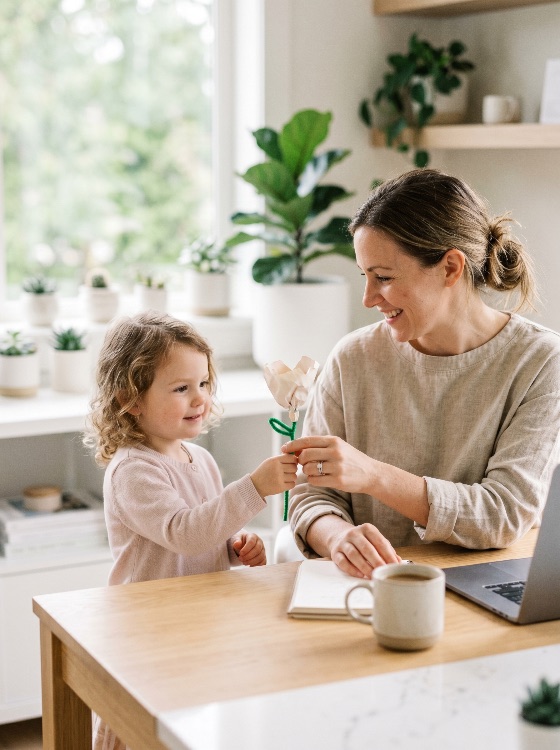 happy, young, girl, giving, handmade, paper, flower, her, mother, working, desk, bright, home, office, daughter, child, family, gift, craft, love, happiness, from, remote, work, lifestyle, parenting, childhood, affection, surprise, laptop, plants, interior, modern, smiling, togetherness, woman, toddler, motherhood, work-life, balance, domestic, cozy, morning, coffee, notebook, indoor, bond, caring, houseplant, minimalist, light, airy, caucasian, female, parent, workspace, people