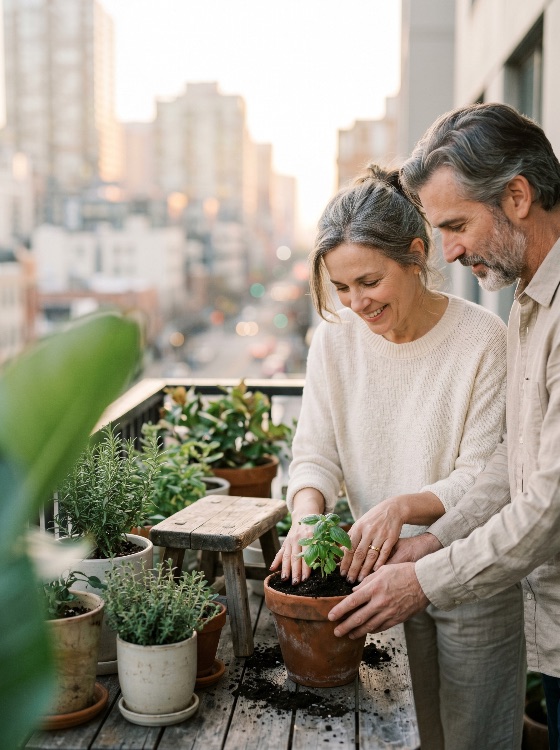 happy, middle-aged, couple, gardening, together, their, urban, apartment, balcony, planting, fresh, herbs, terracotta, pots, with, city, skyline, background, mature, lifestyle, sustainability, home, hobby, happiness, retirement, basil, rosemary, pot, soil, outdoor, sunset, buildings, living, green, eco-friendly, nature, domestic, leisure, man, woman, senior, people